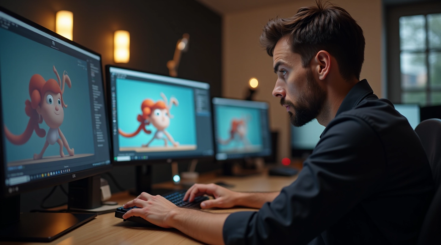 Animatore che lavora su software Lottie con monitor moderno, interfaccia di animazione in primo piano, colori vivaci su sfondo scuro dello studio