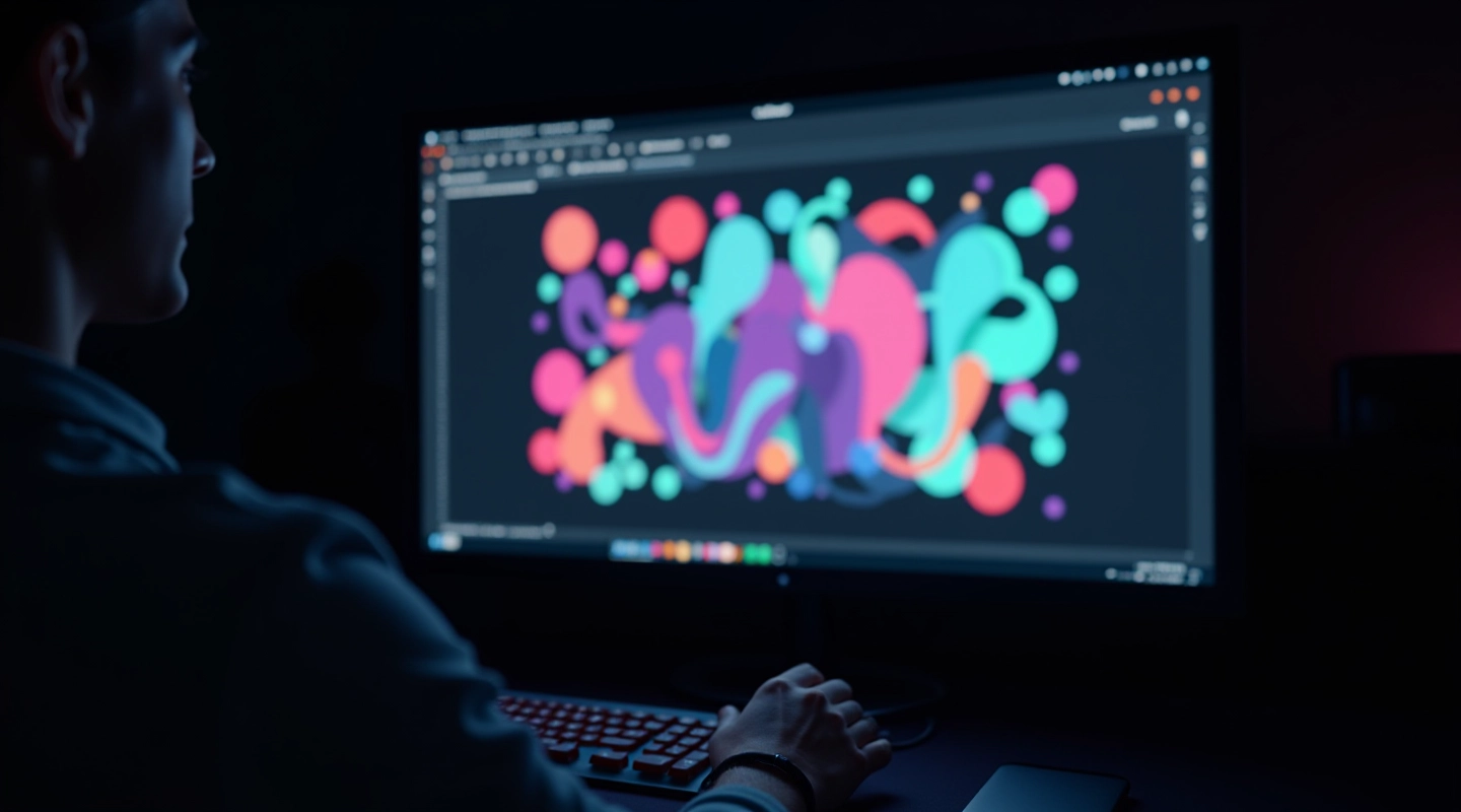 Schermo di computer con software di animazione Lottie aperto, file JSON in anteprima, colori vivaci su sfondo scuro